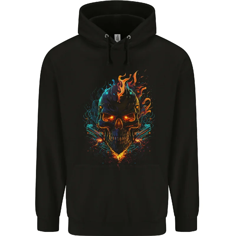 A Neon Skull With Flames Fantasy Demon Mens 80% Cotton Hoodie