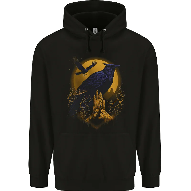 A Raven & Haunted House Moon Halloween Mens 80% Cotton Hoodie