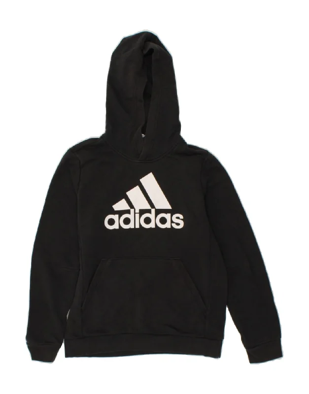 ADIDAS Boys Graphic Hoodie Jumper 11-12 Years Black Cotton