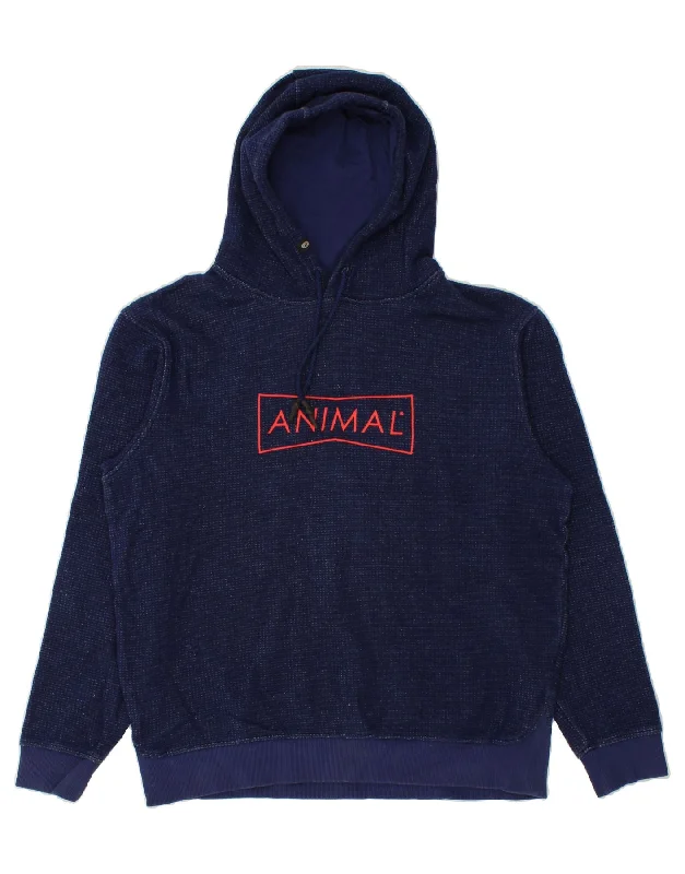 ANIMAL Mens Graphic Hoodie Jumper Large Navy Blue Cotton