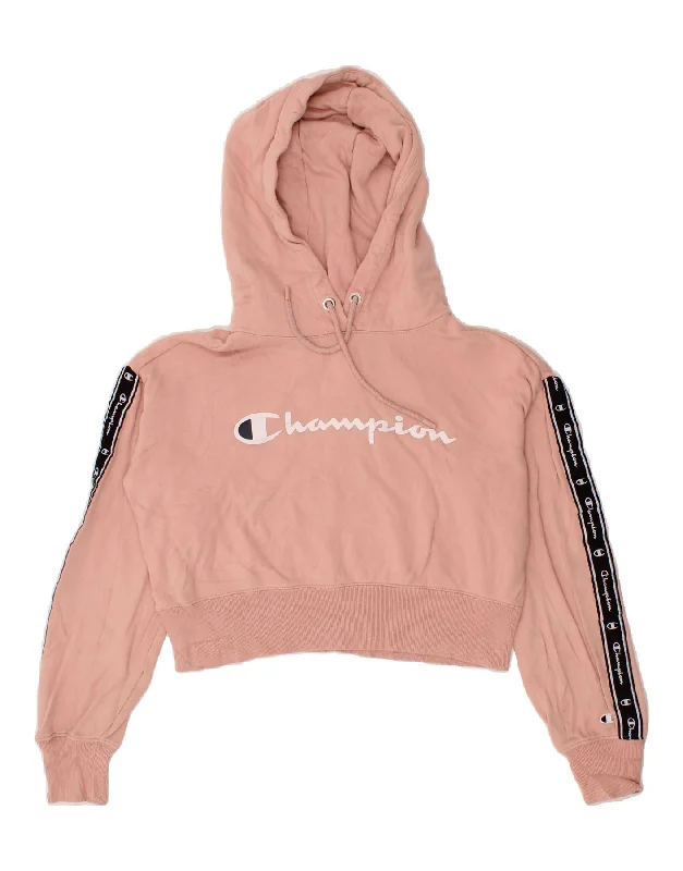 CHAMPION Womens Oversized Graphic Crop Hoodie Jumper UK 10 Small Pink