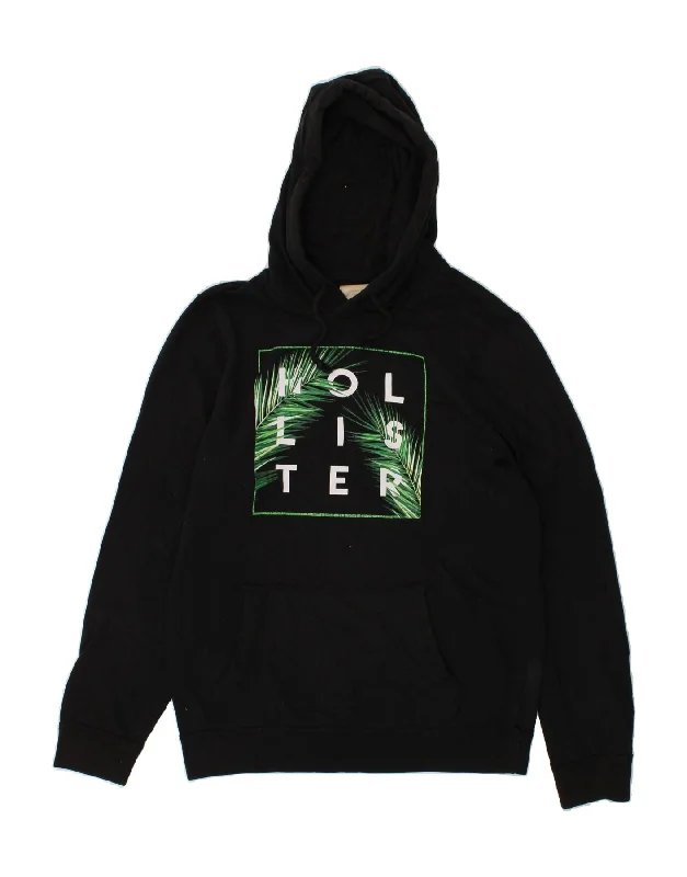 HOLLISTER Mens Graphic Hoodie Jumper Large Black Hoodie with Longline Fit Extended Stylish HOLLISTER Mens Graphic Hoodie Jumper Large Black Hoodie with Longline Fit Extended Stylish