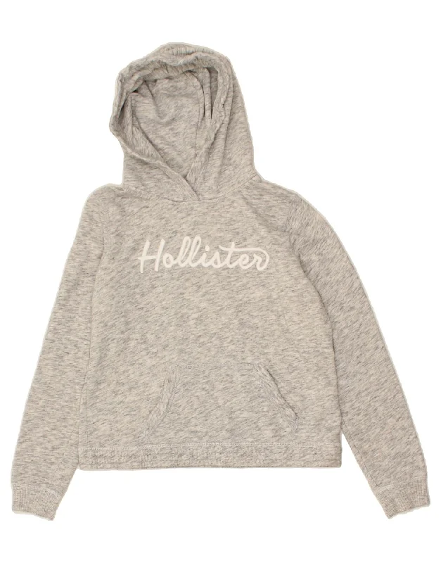 HOLLISTER Womens Graphic Hoodie Jumper UK 14 Medium Grey Flecked Hoodie with Raw Hem Edgy Unfinished HOLLISTER Womens Graphic Hoodie Jumper UK 14 Medium Grey Flecked Hoodie with Raw Hem Edgy Unfinished