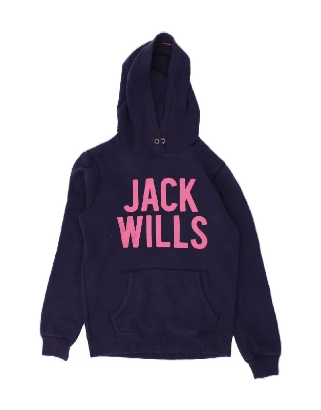 JACK WILLS Womens Graphic Hoodie Jumper UK 10 Small Navy Blue Cotton