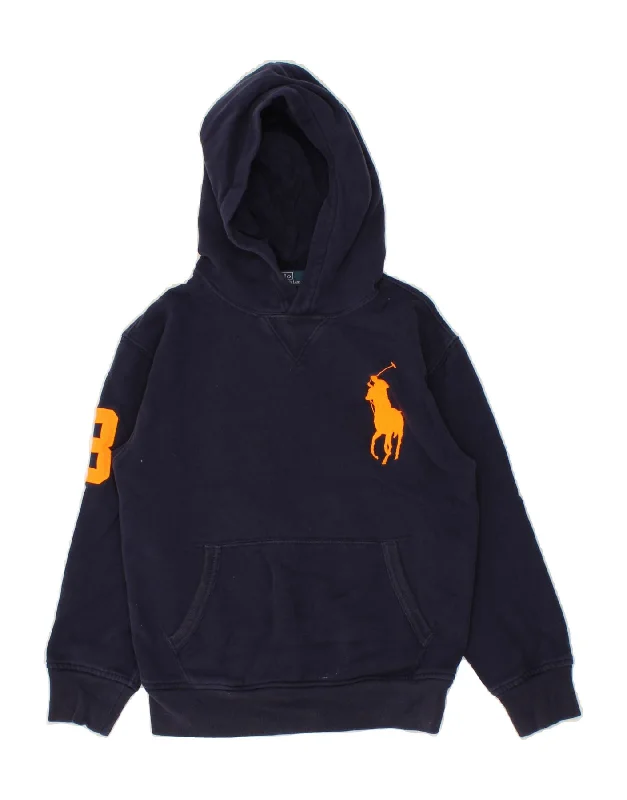 RALPH LAUREN Boys Graphic Hoodie Jumper 7-8 Years Small Navy Blue Cotton