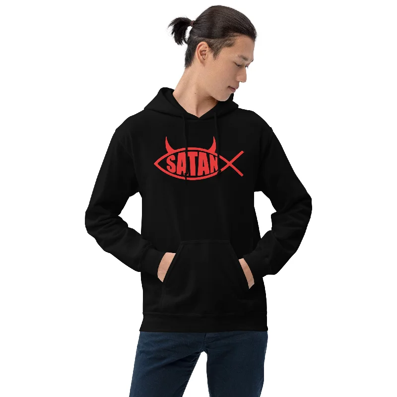 Red Ichthys Satan Fish with Horns Religious Satire Hoodie Sweatshirt