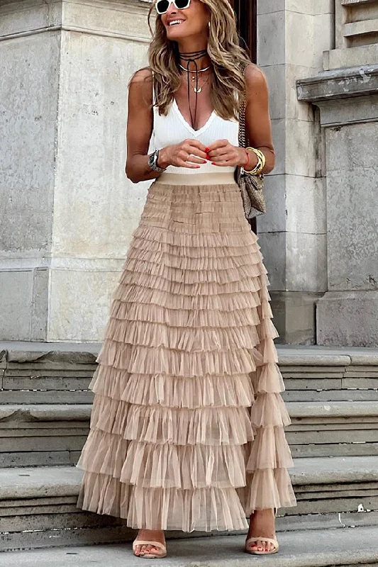 Be Your Own City Queen Tiered Elastic Waist Tulle Maxi Skirt