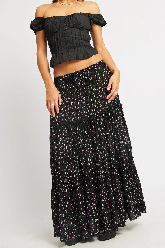 Black Ditsy Maxi Skirt Tiered High Rise Elastic Waistband