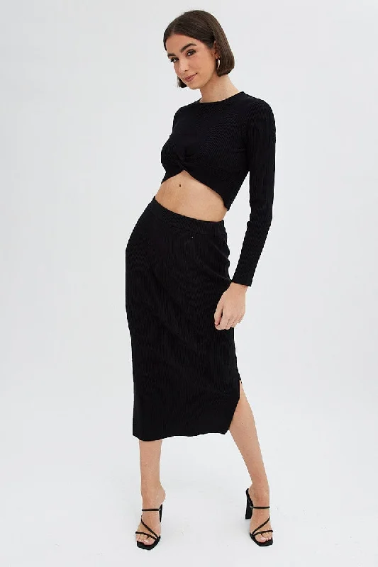 Black Knit Skirt High Rise Ribbed Midi