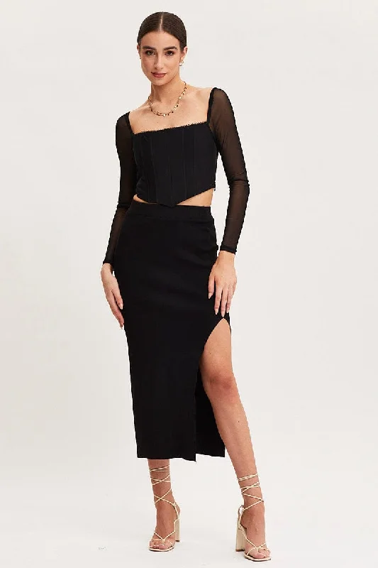 Black Knit Skirt Midi High Rise