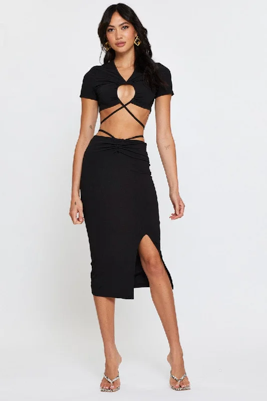 Black Ribbed Bodycon Midi Skirt