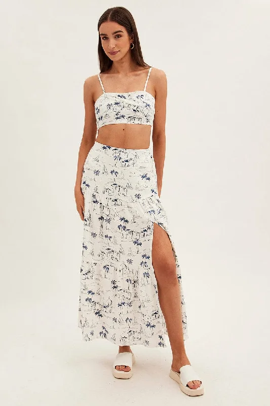 Blue Abstract Maxi Skirt High Waist Split Tiered Printed