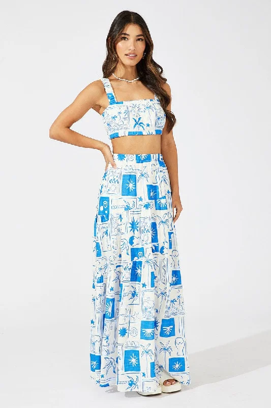 Blue Asymmetric Tiered Maxi Skirt