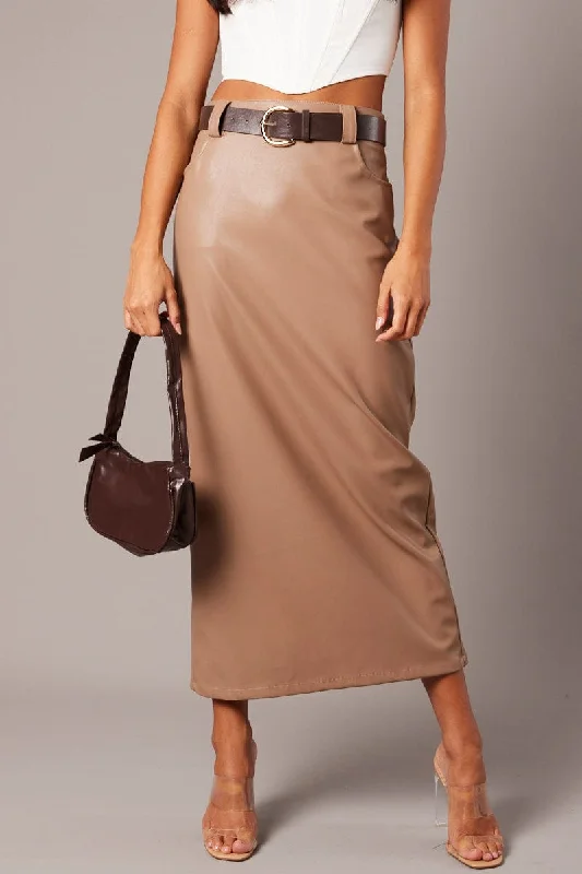 Brown Midi Skirt Faux Leather