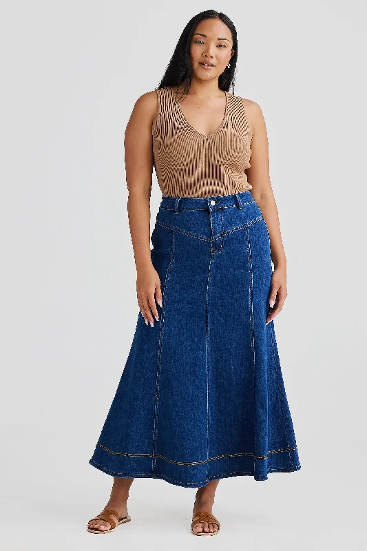 Core Denim Panelled Midi Skirt - Blue Denim