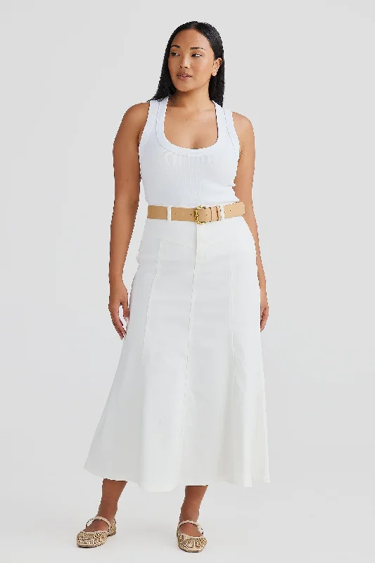 Core Denim Panelled Midi Skirt - White Denim