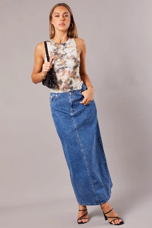 Denim Maxi Skirt High Rise A-line Raw Edge Denim