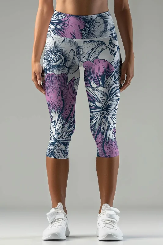 Dream Catcher Ellie White Purple Floral Yoga Capri Leggings - Women