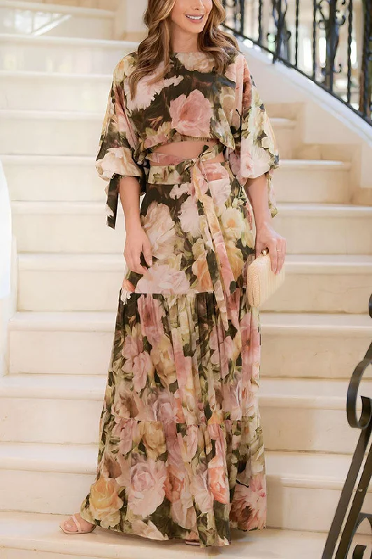 Garden Blooms Floral Puff Sleeve Tie Up Top and Tiered Maxi Skirt Set