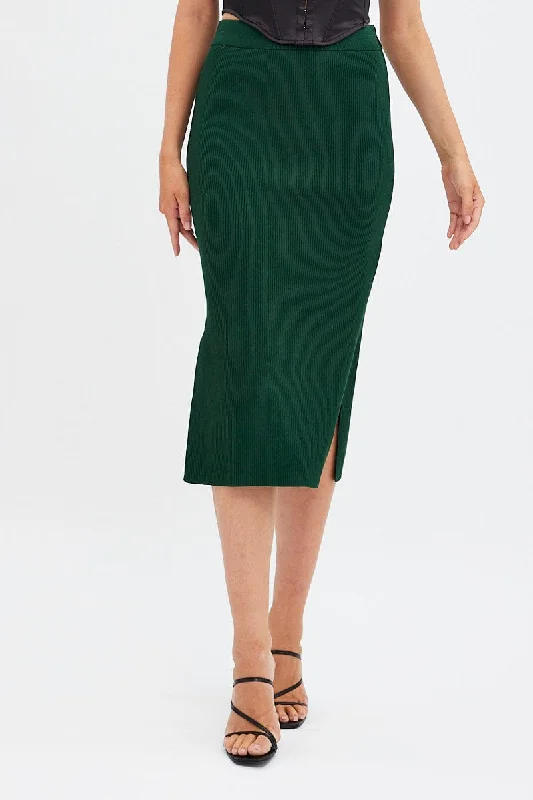 Green Knit Skirt High Rise Midi