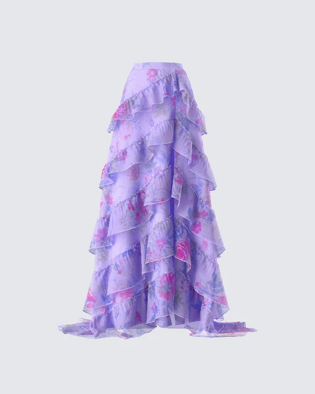 Ida Purple Floral Organza Maxi Skirt cashmere skirt soft