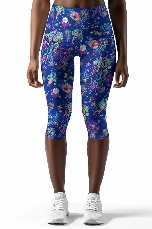 Jellyfish Ellie Blue Performance Yoga Capri Leggings - Women