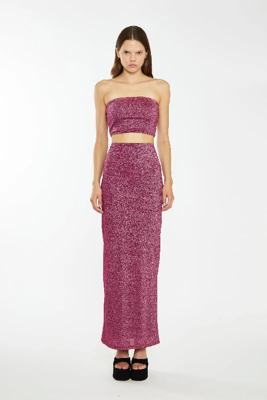 Red-Plum Glitter Straight Maxi-Skirt