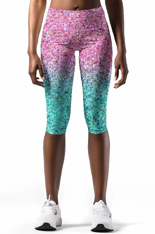 Maldives Ellie Pink & Mint Glitter Print Yoga Capri Leggings - Women