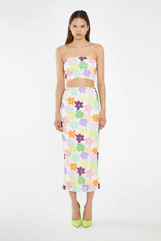 Multi-Flower Mesh Pencil Maxi-Skirt