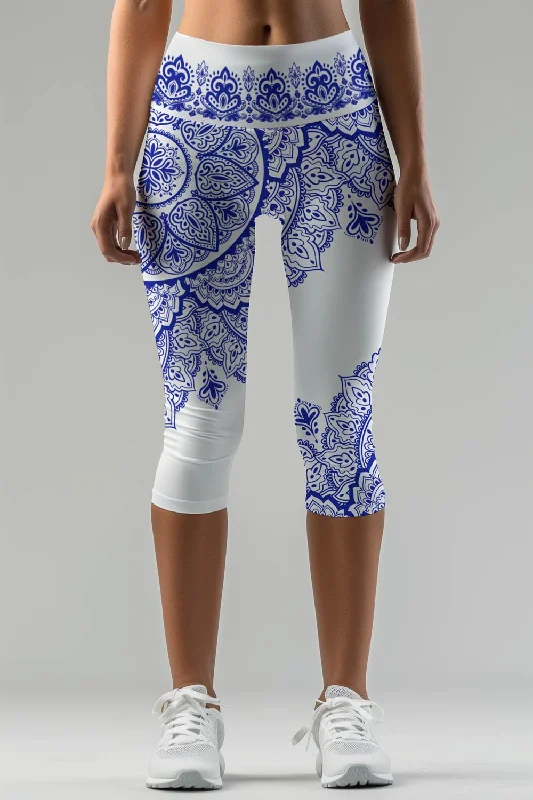 Nirvana Ellie White Blue Boho Performance Yoga Capri Leggings - Women