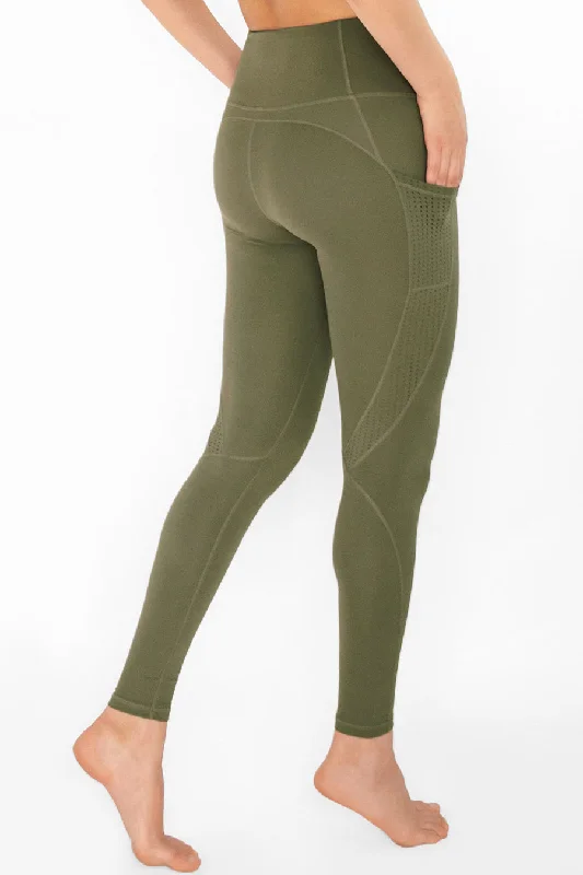 BF SALE! Olive Khaki Green Cassi Mesh Pockets Workout Yoga Leggings - Women