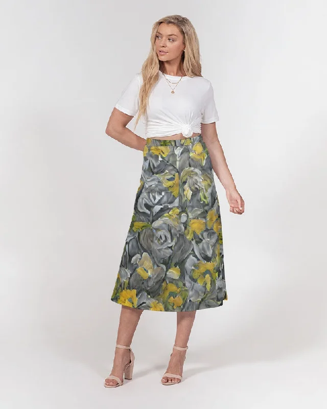 Orange and yellow and grey abstract design of Roses Women's A-Line Midi Skirt lace skirt intricate Orange and yellow and grey abstract design of Roses Women's A-Line Midi Skirt lace skirt intricate