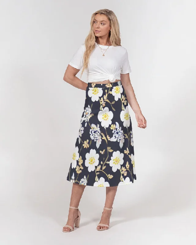 Pink flower black background Women's All-Over Print A-Line Midi Skirt wool skirt sturdy Pink flower black background Women's All-Over Print A-Line Midi Skirt wool skirt sturdy