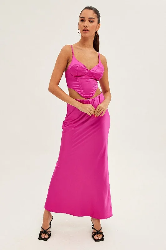 Pink Maxi Skirt Low Rise Elastic Waist Satin