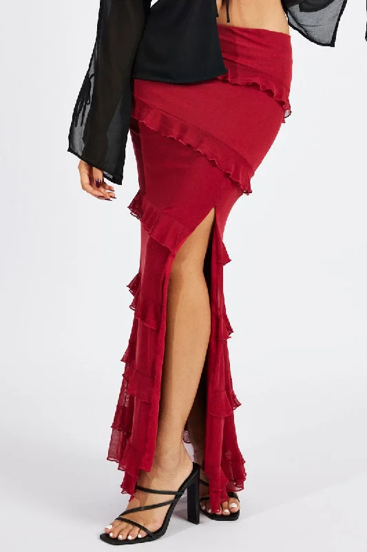 Red Floral Maxi Skirt Mesh Frilled Mesh