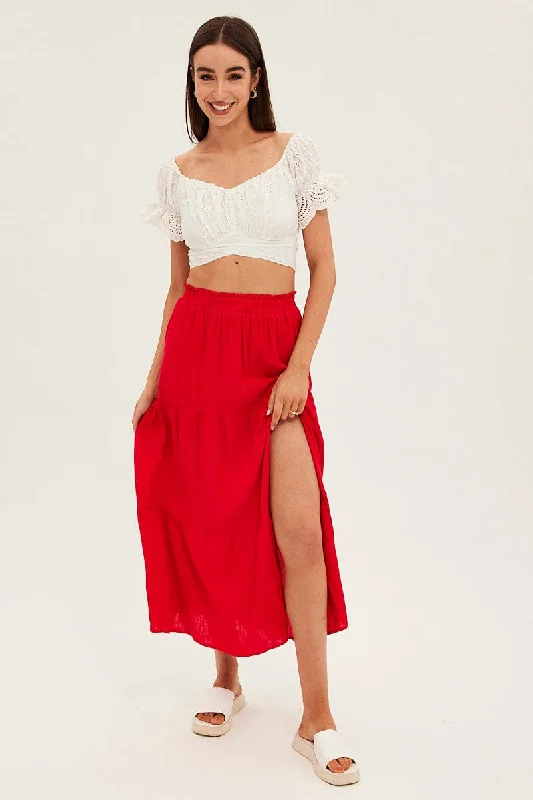 Red Maxi Skirt High Waist Split Tiered