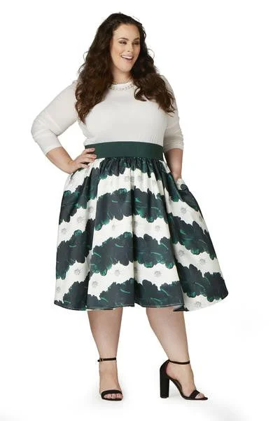 Soiree Midi Skirt - Emerald/White Floral Stripe