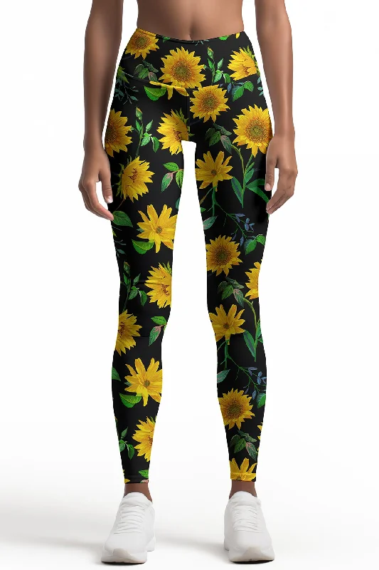 Sunnyflower Lucy Black & Yellow Floral Printed Yoga Leggings - Women