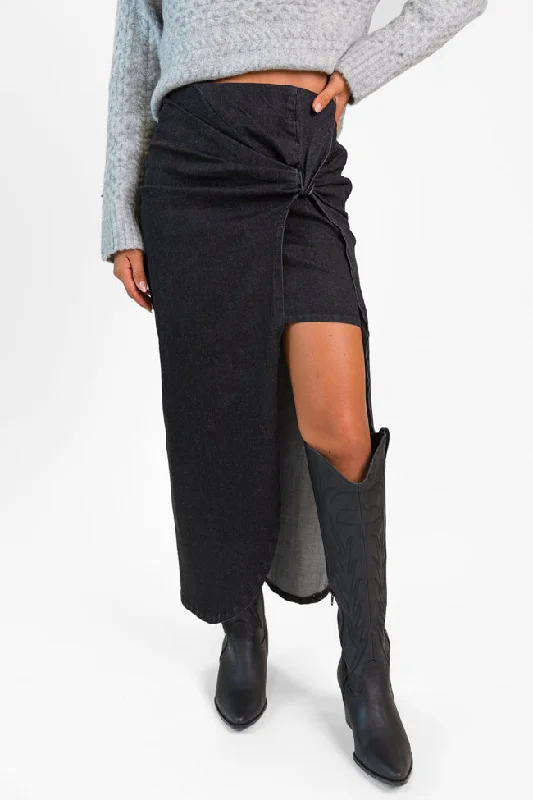 Unexpected Turn Black Denim Twist Front Midi Skirt ribbed skirt waist