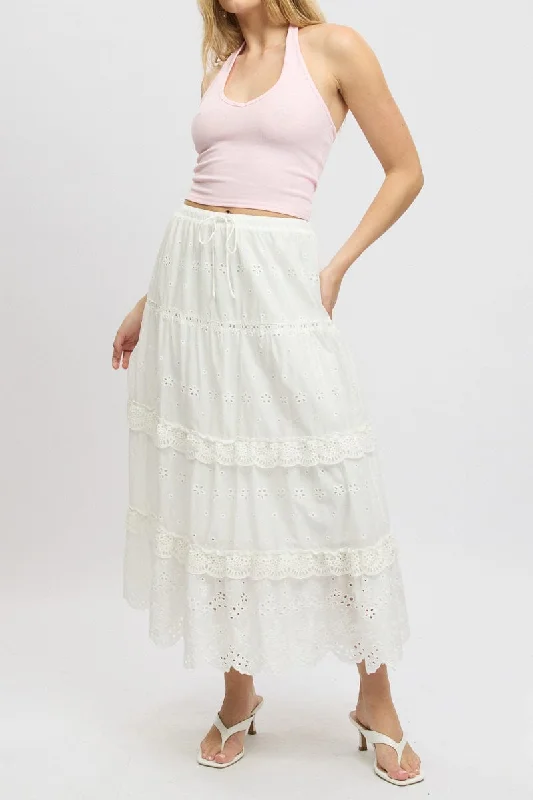 White Maxi Skirt High Waisted Tiered Broidery Eyelet