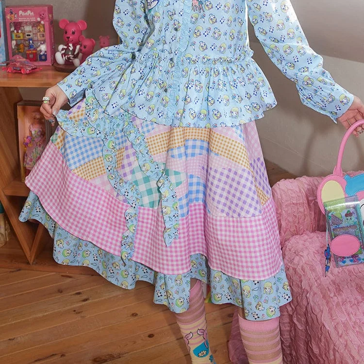 Women's Pink Kawaii Colorful Plaid Frill Splice Layered Skirt zip skirt side