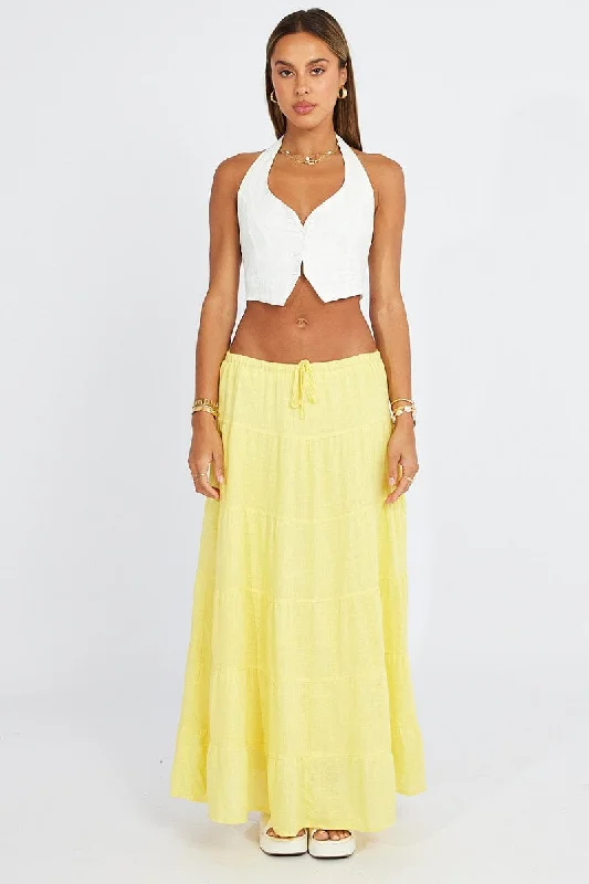 Yellow Maxi Skirt Tiered High Rise Linen Blend