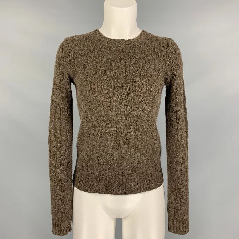 RALPH LAUREN Brown Cashmere Cable Knit Crew-Neck Sweater