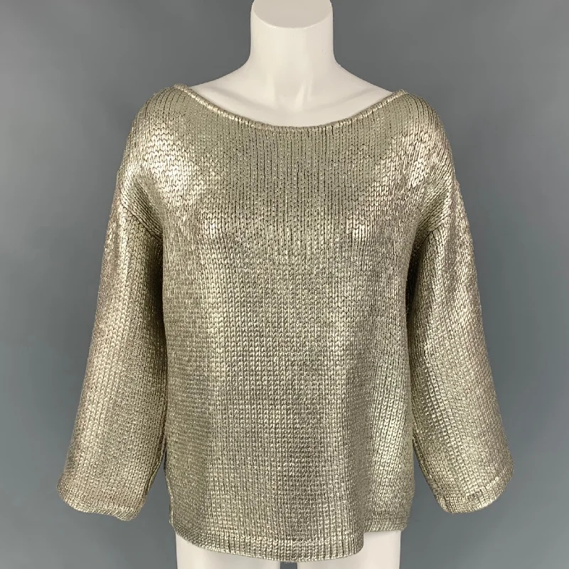 ST. JOHN COUTURE Size M Silver Knitted Wool Scoop Neck Sweater