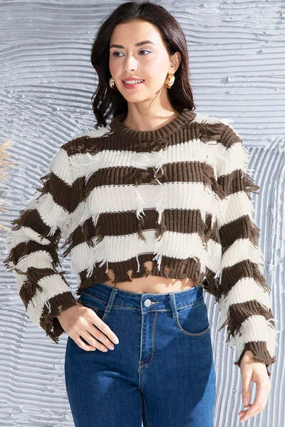 FZ Women's Striped Fringe Round Neck Sweater Top