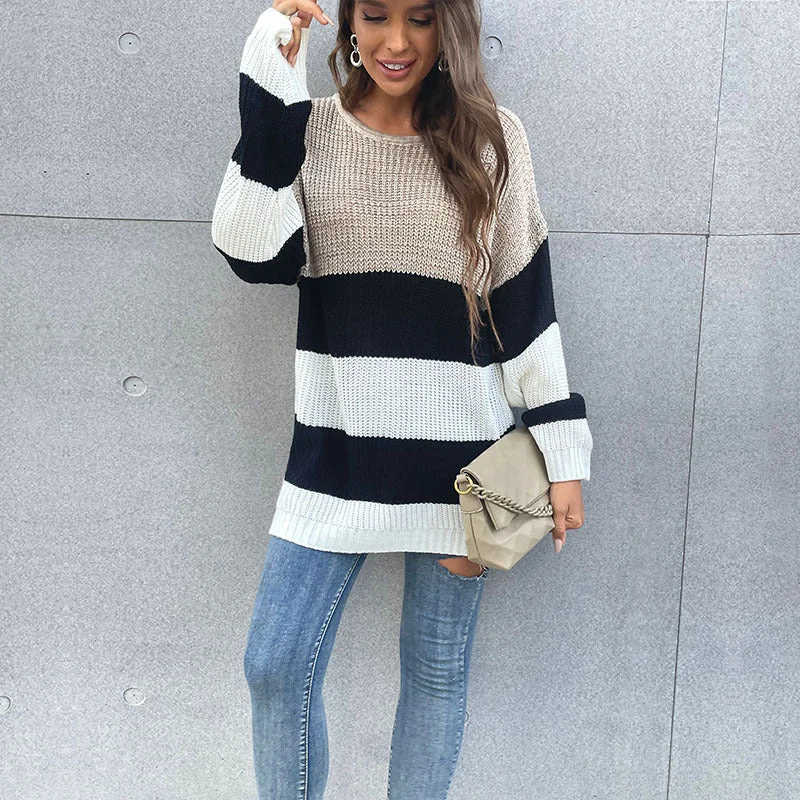 FZ Women's mid-length striped knitted sweater top