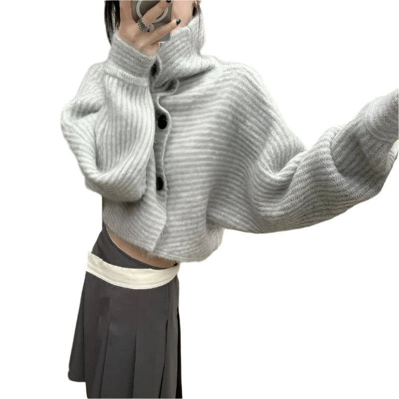 Y2K Gray Striped Women Sweater - Turtleneck