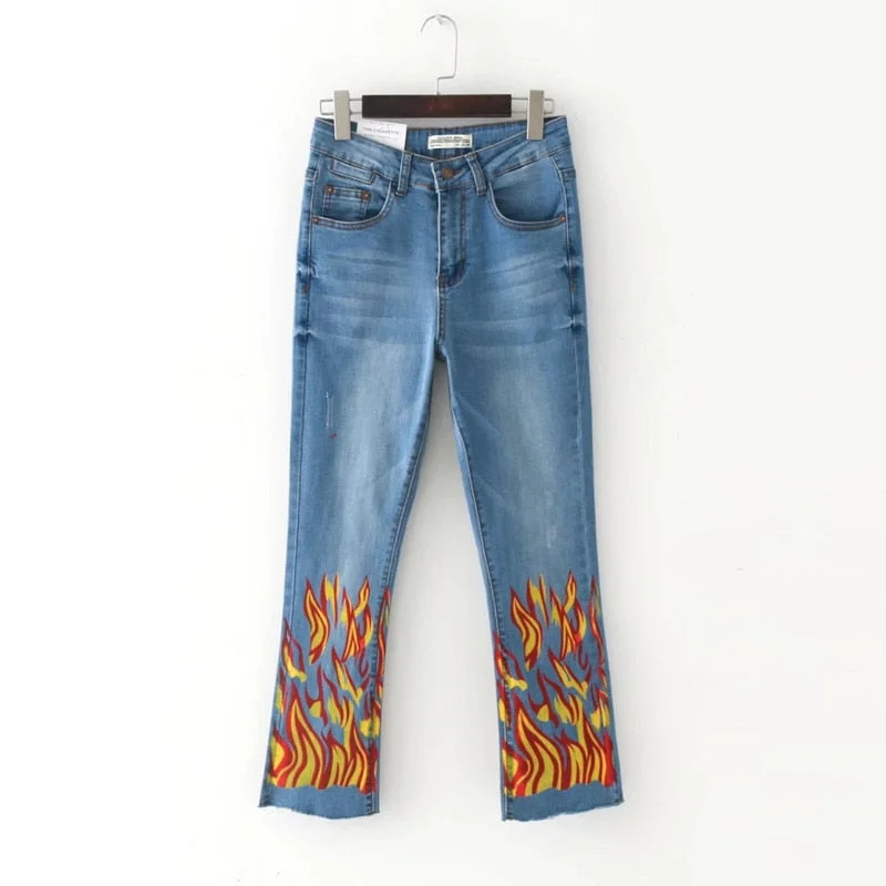 2017 new European and American fashion flame printed elastic waist horn jeans women Stylish Stone-Wash Denim Jeans 2017 new European and American fashion flame printed elastic waist horn jeans women Stylish Stone-Wash Denim Jeans