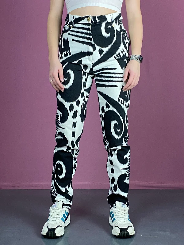 90s Christian Llinares Vintage Women's Abstract Jeans - S White & Black Cotton