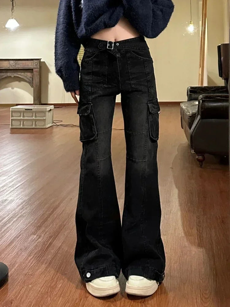 Getadme 2 Black Cargo Flare Jeans Women Streetwear Vintage Baggy Korean High Waist Denim Pants Y2k Causal Kpop Wide Leg Trousers Casual High-Waisted Bootcut Jeans Getadme 2 Black Cargo Flare Jeans Women Streetwear Vintage Baggy Korean High Waist Denim Pants Y2k Causal Kpop Wide Leg Trousers Casual High-Waisted Bootcut Jeans